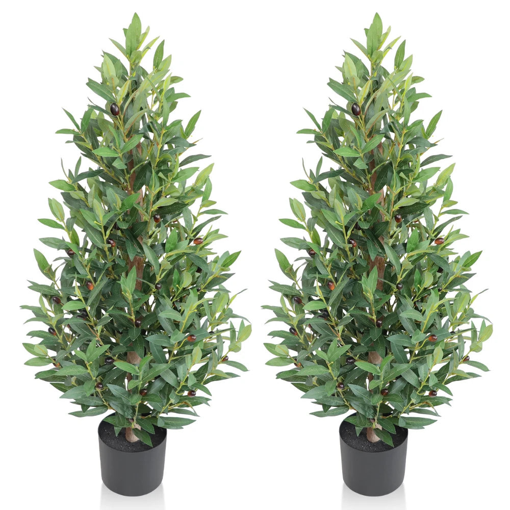 2 Pieces 35in(3ft) Artificial Cone Topiary Olive Trees momoplant