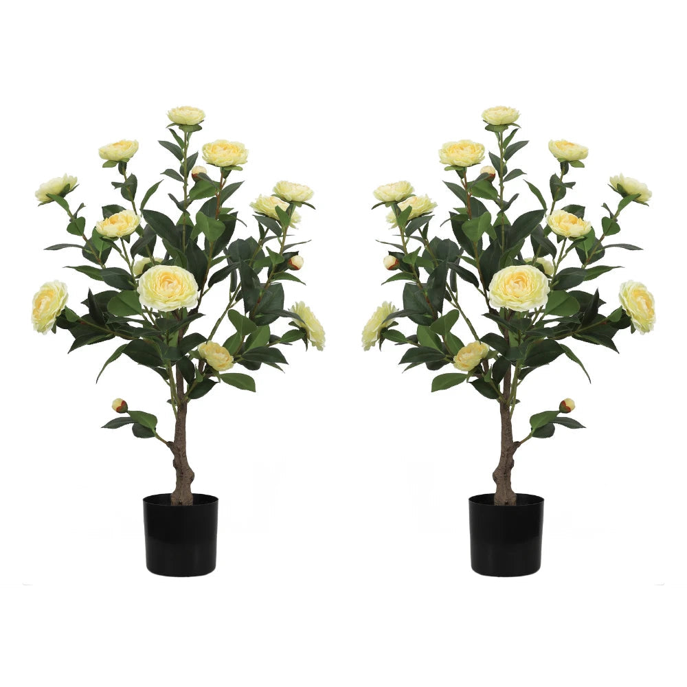 2 Pieces 31.5in(2.6ft) Artificial Topiary Yellow Camellia Tree momoplant