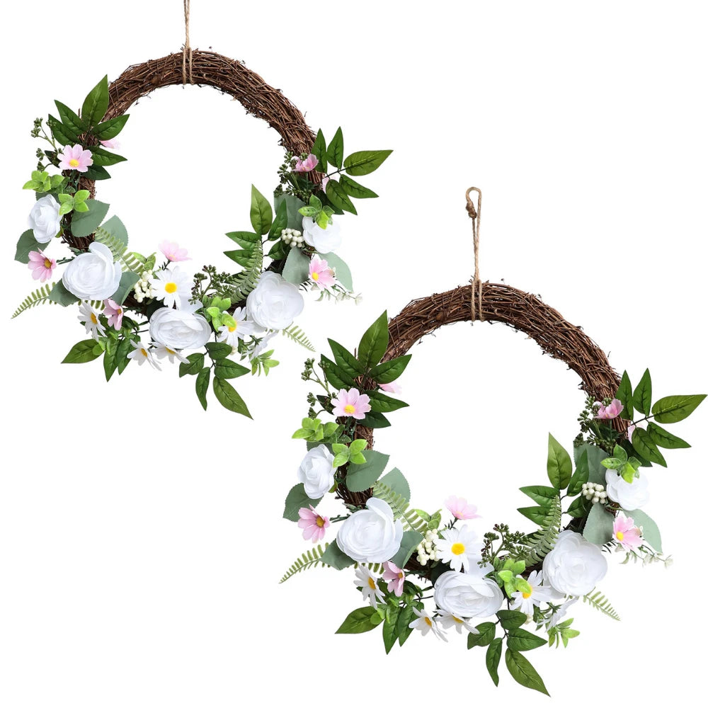 17in(1.4ft) Artificial White Rose Spring Wreath with Twig Base