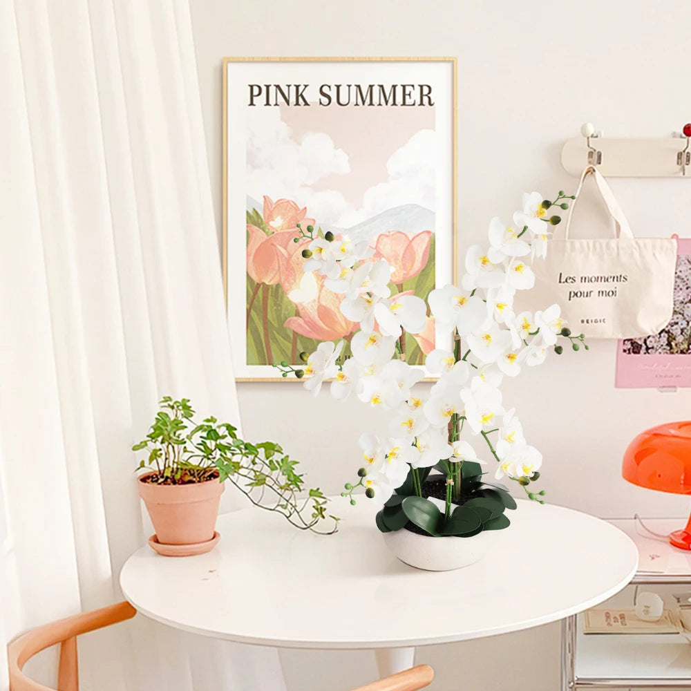 24in(2ft) Artificial White Phalaenopsis Orchid Flowers in White Planter momoplant