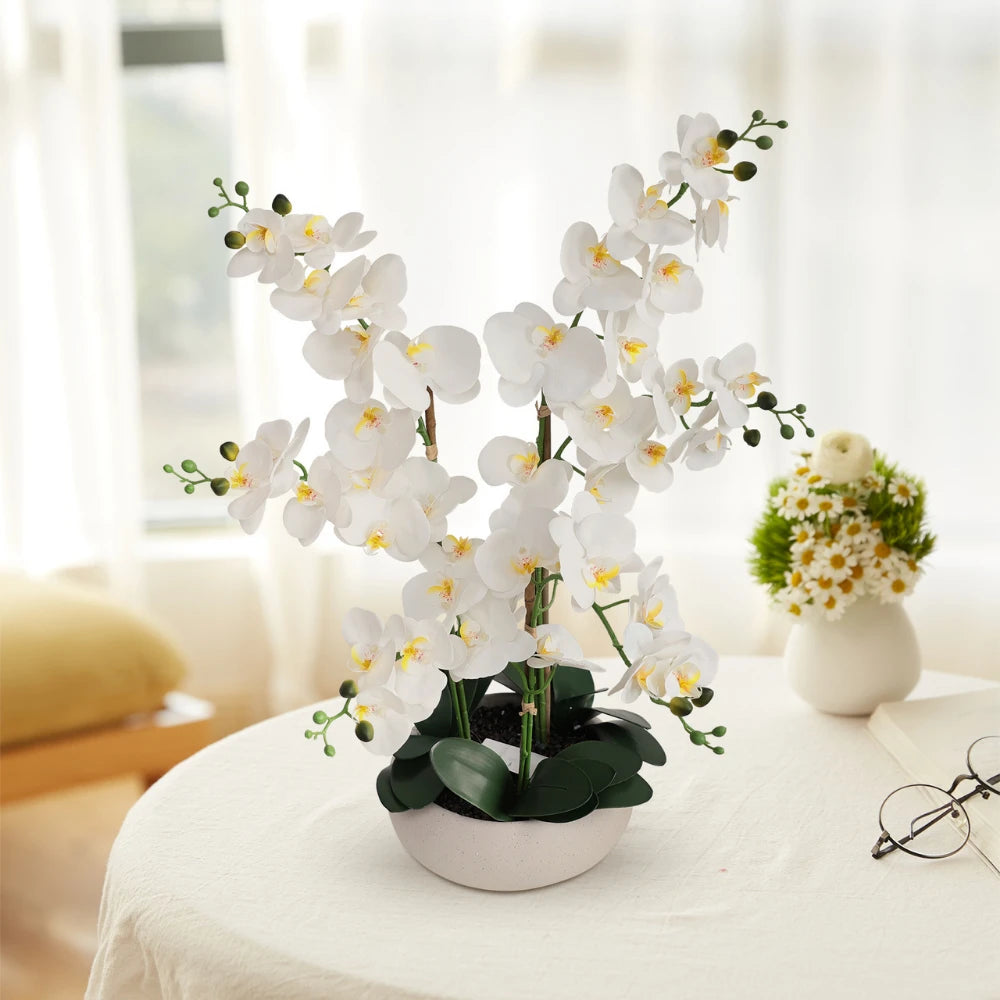 24in(2ft) Artificial White Phalaenopsis Orchid Flowers in White Planter