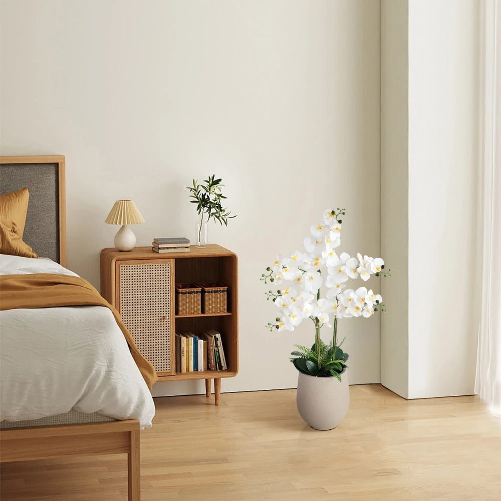 42in(3.5ft) Artificial White Phalaenopsis Orchid Flowers in White Planter