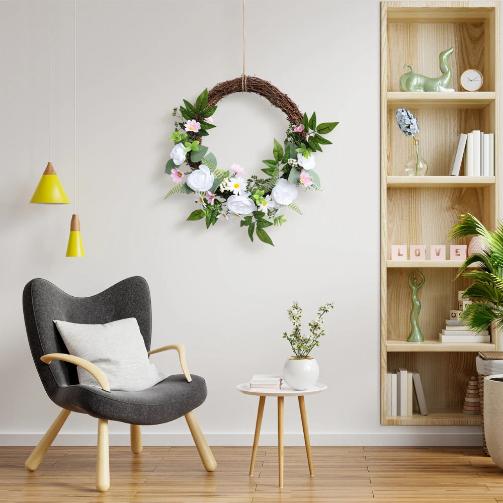 17in(1.4ft) Artificial White Rose Spring Wreath with Twig Base