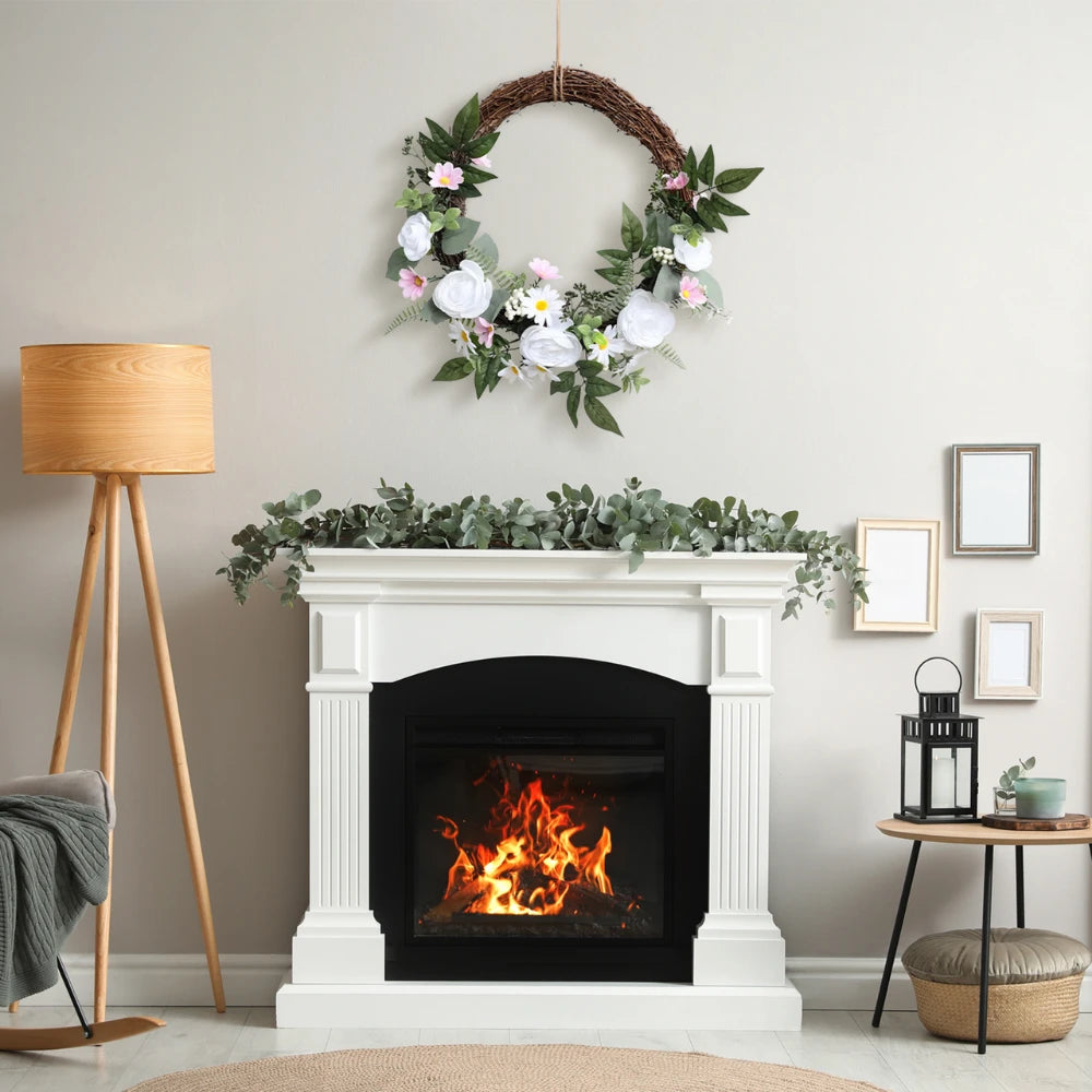 17in(1.4ft) Artificial White Rose Spring Wreath with Twig Base