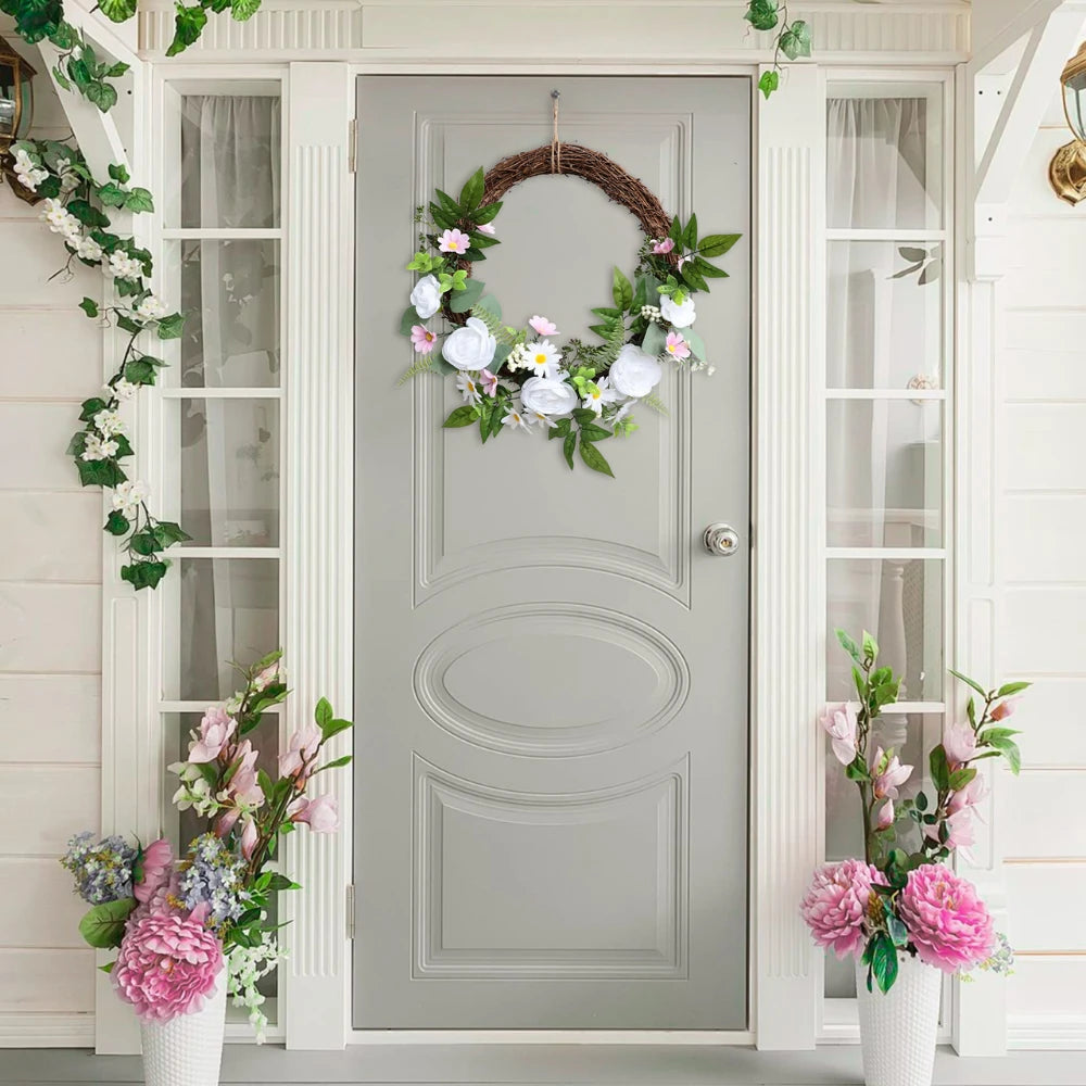 17in(1.4ft) Artificial White Rose Spring Wreath with Twig Base