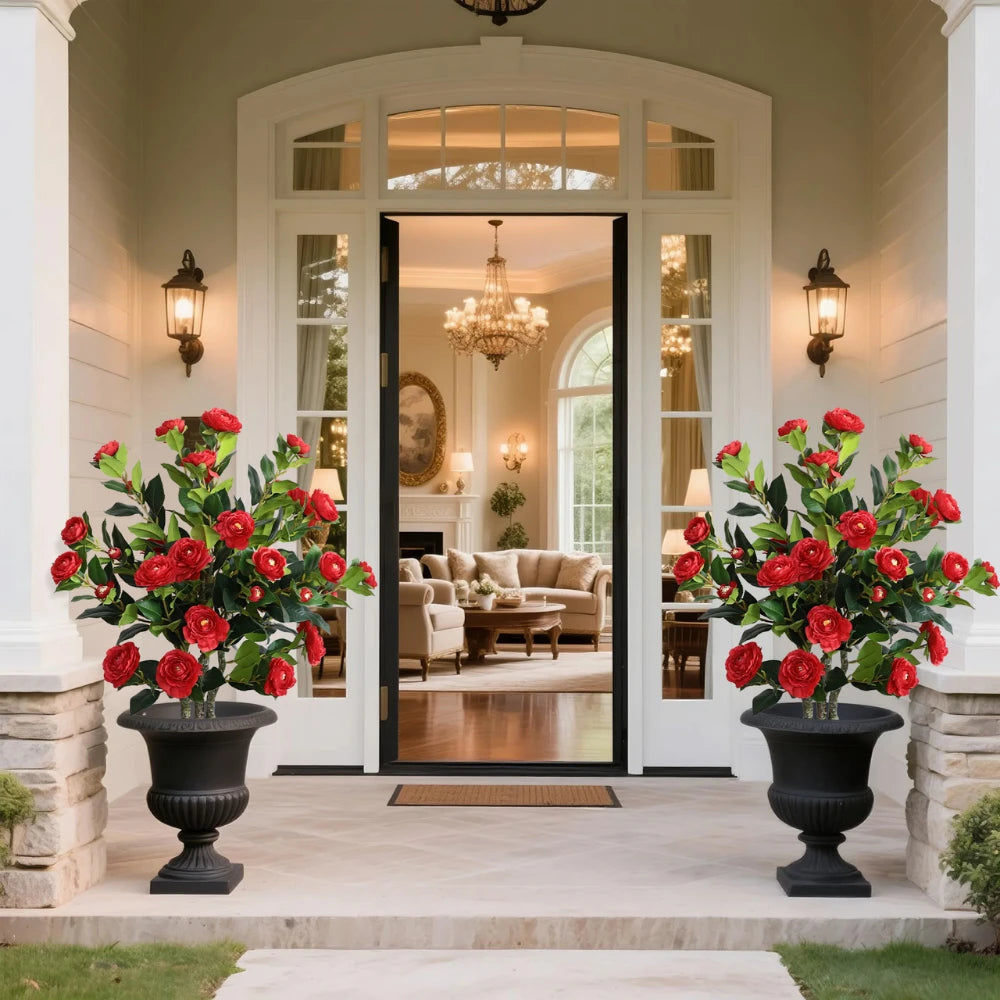 2 Pieces 37in(3.1ft) Artificial Flower Red Camellia Spike Tree momoplant