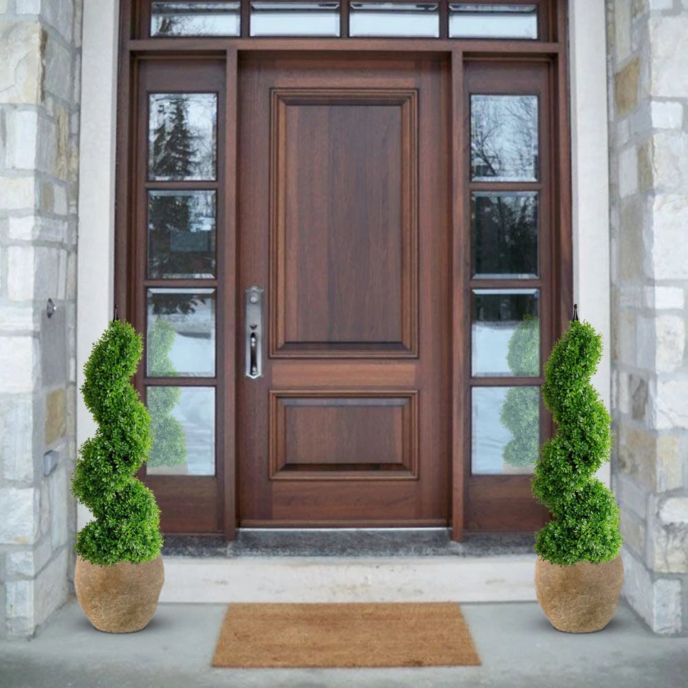 2 Pieces 35In(3ft) Light Green Artificial Boxwood Topiary Spiral Tree momoplant