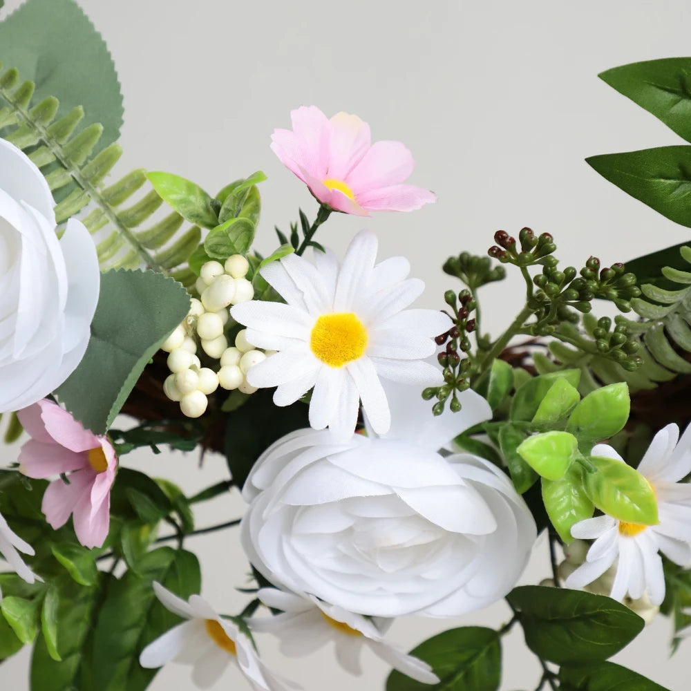 17in(1.4ft) Artificial White Rose Spring Wreath with Twig Base