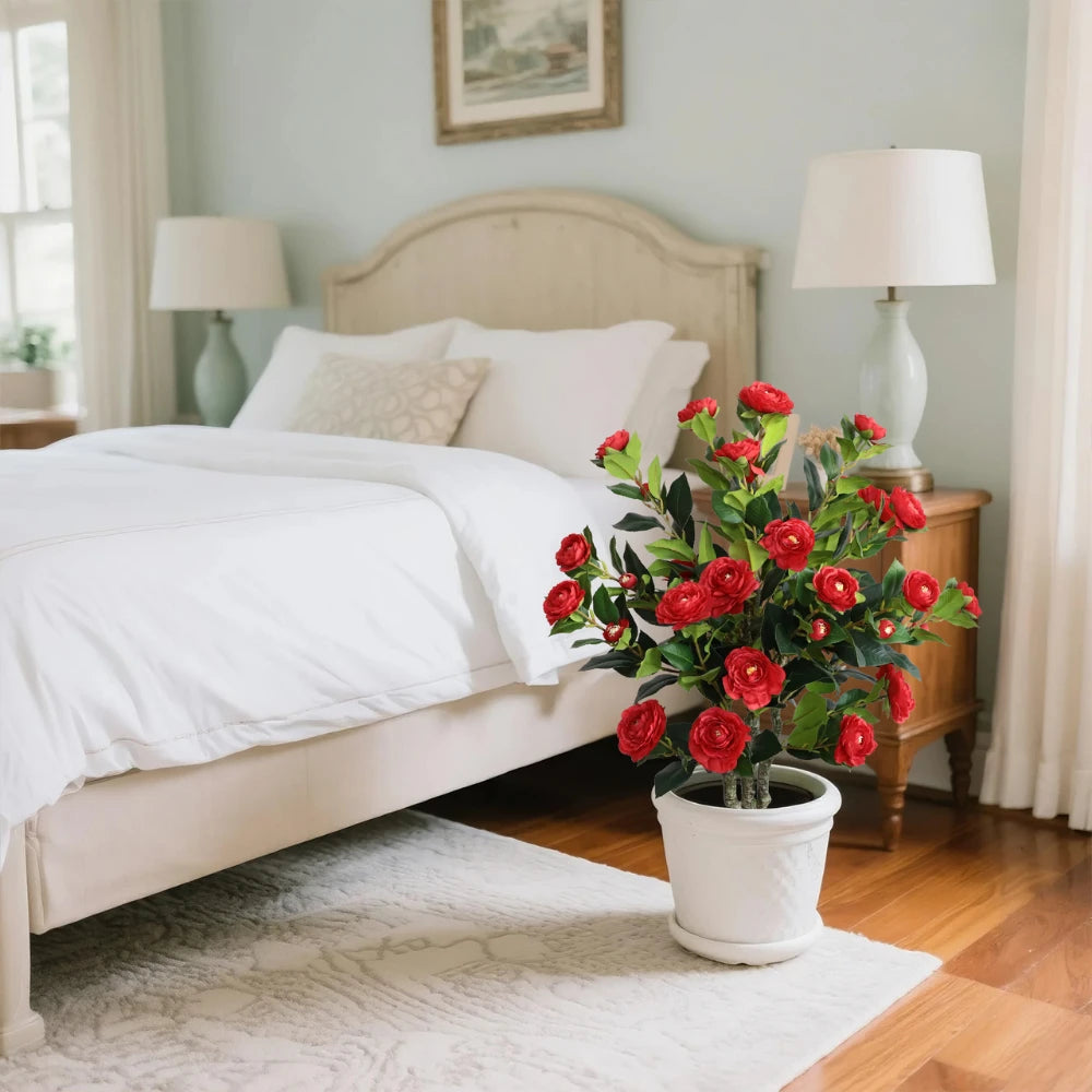 2 Pieces 37in(3.1ft) Artificial Flower Red Camellia Spike Tree momoplant