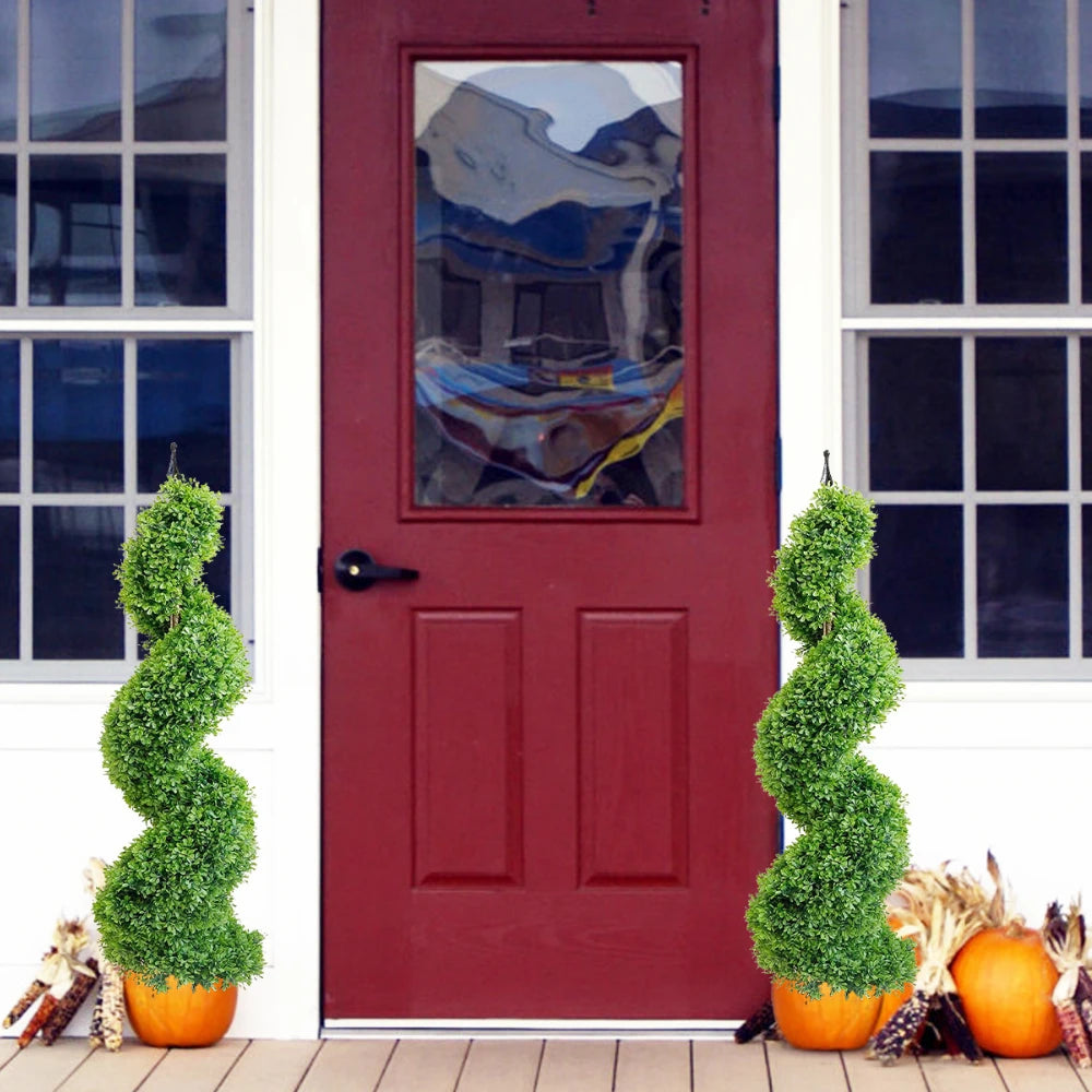 2 Pieces 43In(3.6ft) Light Green Artificial Boxwood Topiary Spiral Tree momoplant