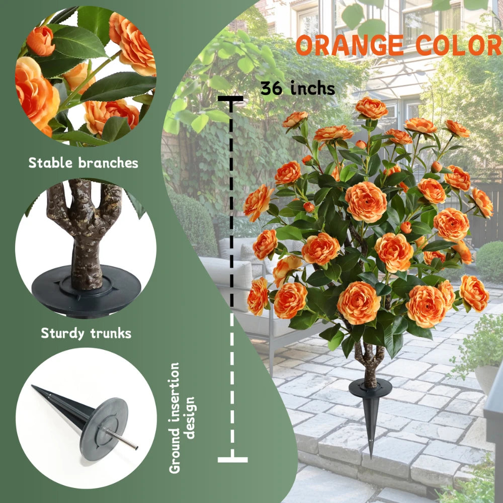 2 Pieces 36in(3ft) Artificial Flower Orange Camellia Spike Tree