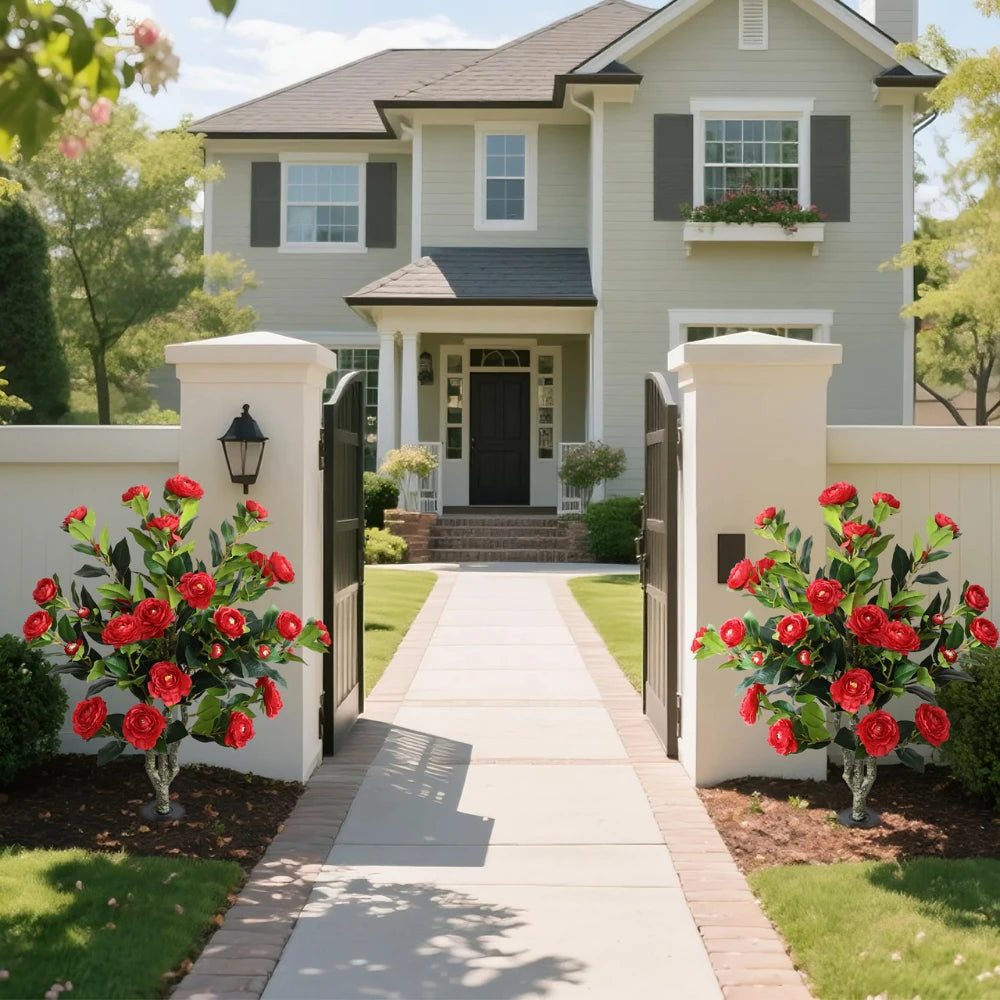 2 Pieces 37in(3.1ft) Artificial Flower Red Camellia Spike Tree momoplant