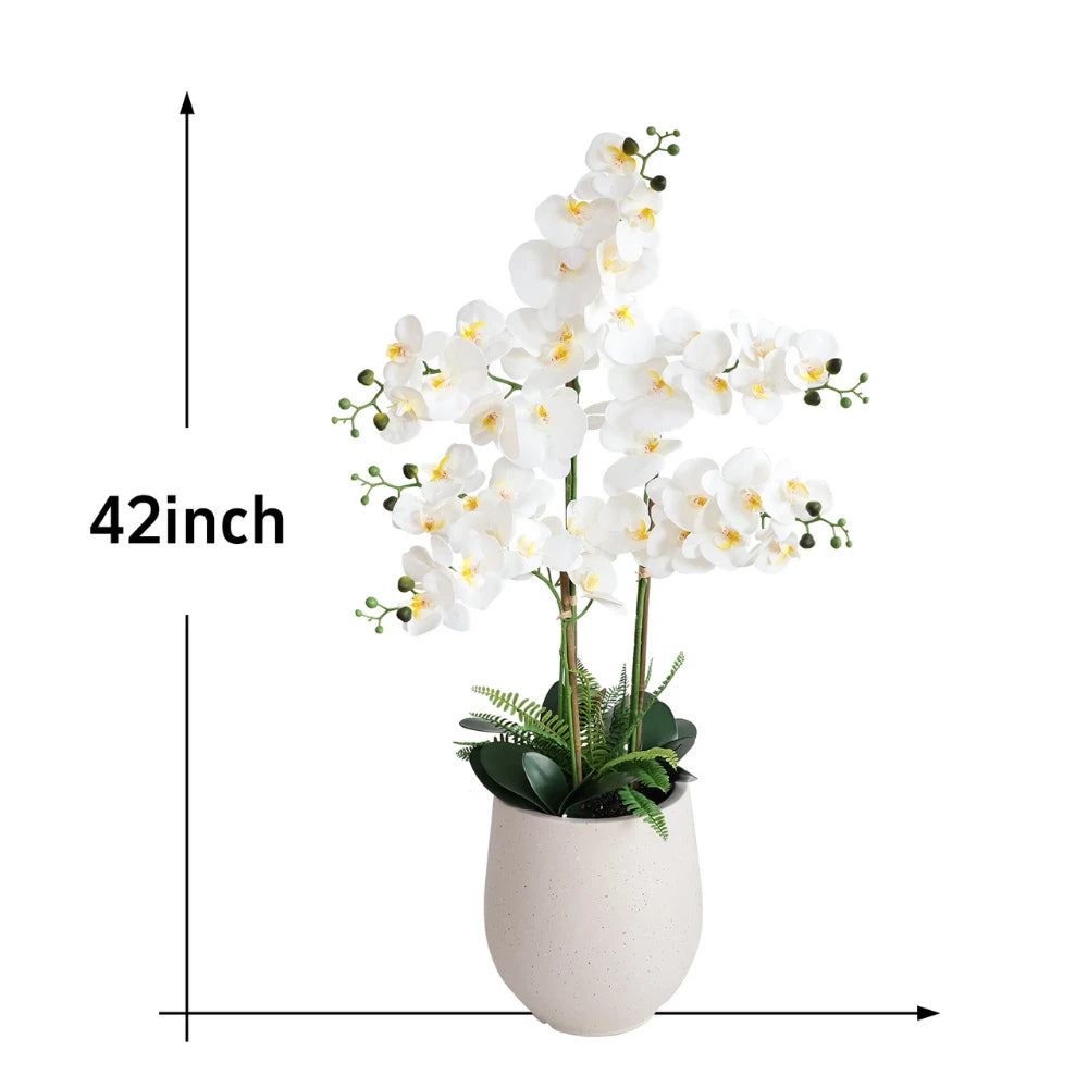 42in(3.5ft) Artificial White Phalaenopsis Orchid Flowers in White Planter