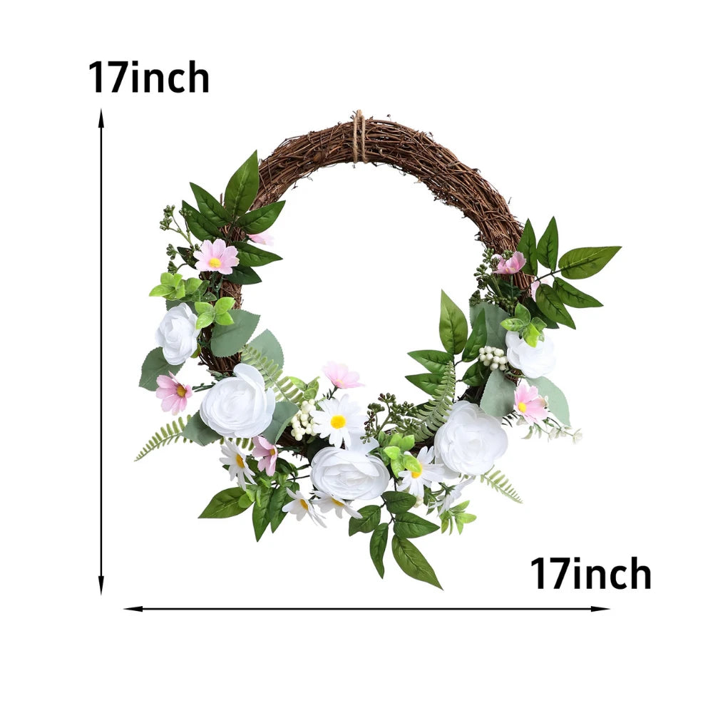 17in(1.4ft) Artificial White Rose Spring Wreath with Twig Base