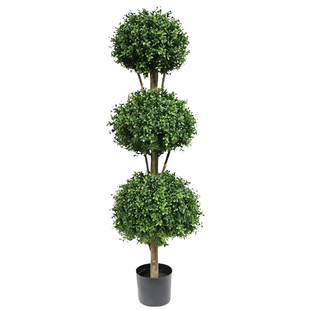 Artificial triple ball boxwood topiary placed outdoors beside a front door