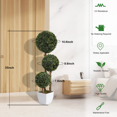 2 Pieces 36in (3ft) Fake Topiary Triple Ball Boxwood Tree