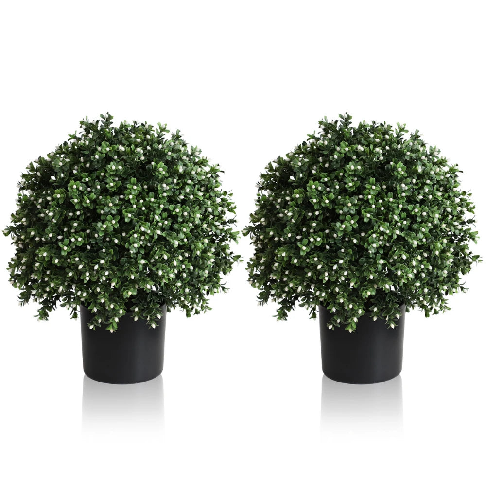 2 Pieces 20in(1.6ft) Artificial Boxwood White Flowers Topiary Ball Tree