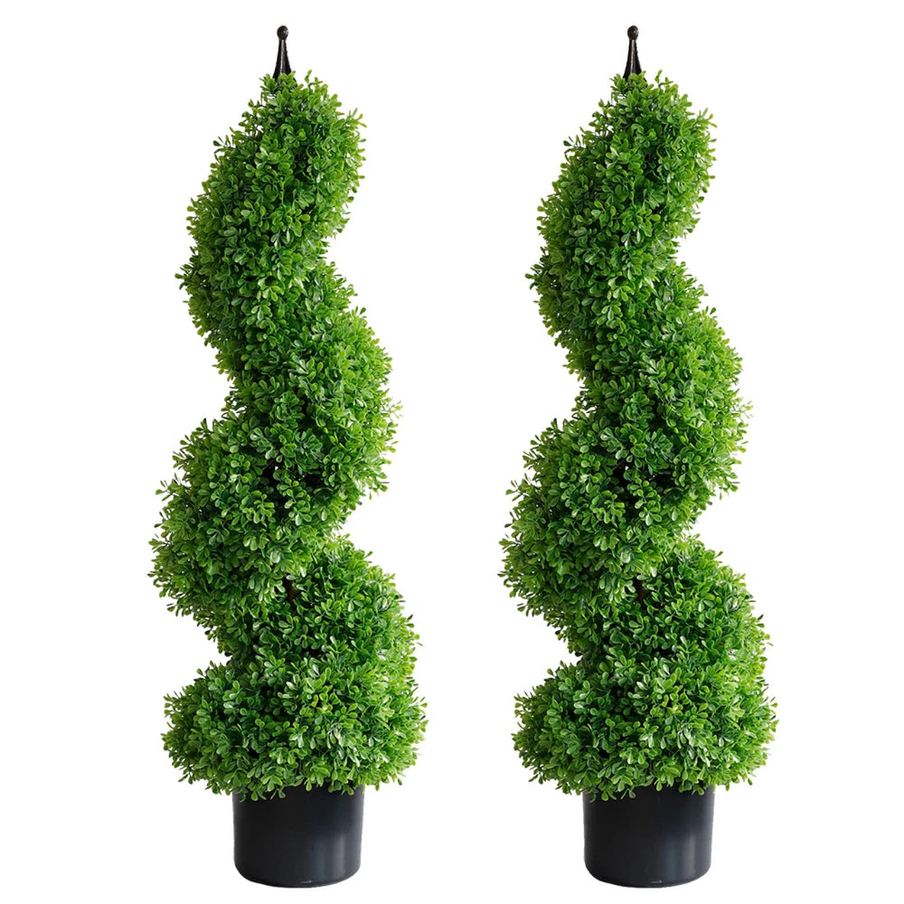 2 Pieces 35In(3ft) Light Green Artificial Boxwood Topiary Spiral Tree