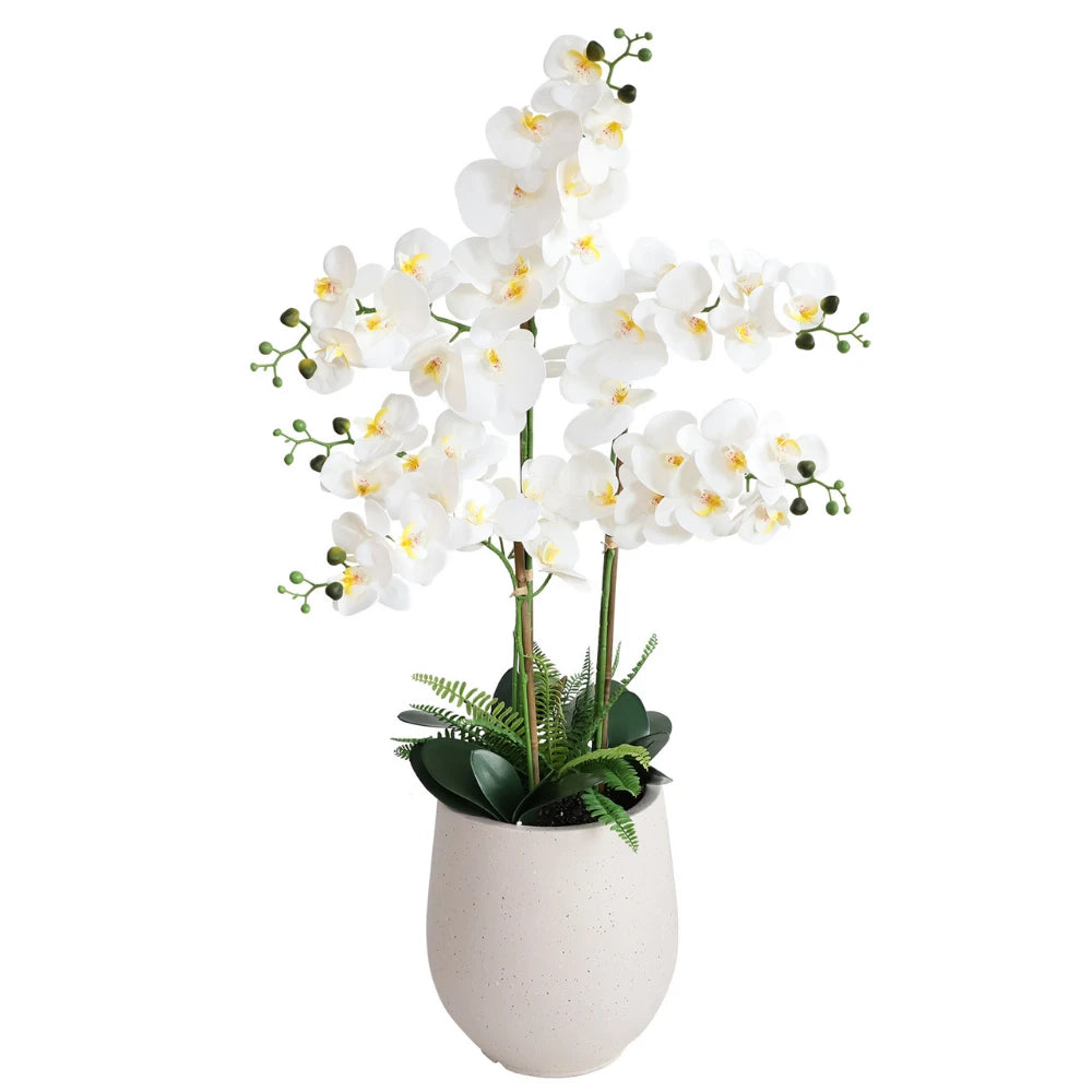42in(3.5ft) Artificial White Phalaenopsis Orchid Flowers in White Planter