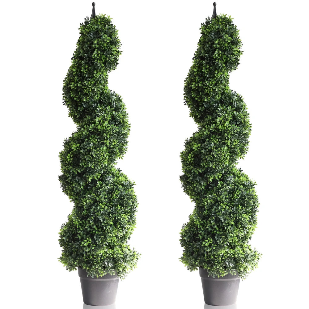2 Pieces 43In(3.6ft) Dark Green Artificial Boxwood Topiary Spiral Tree