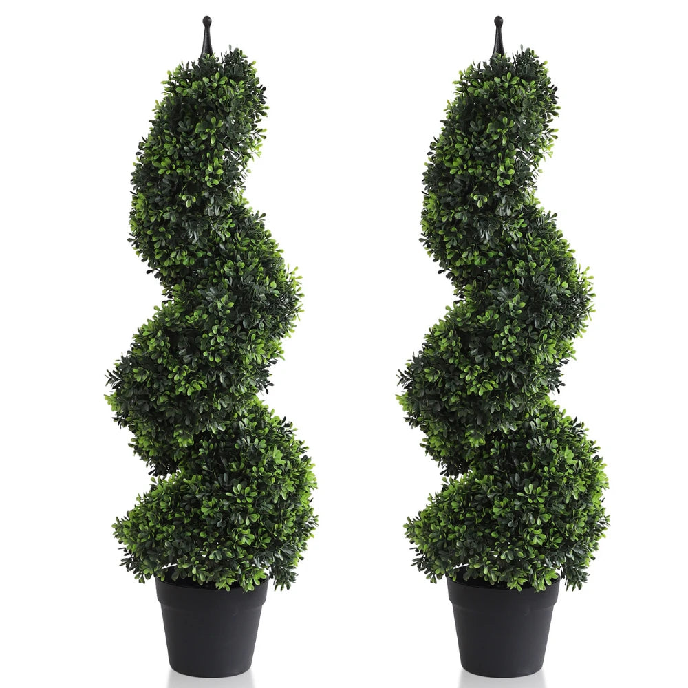 2 Pieces 35In(3ft) Dark Green Artificial Boxwood Topiary Spiral Tree