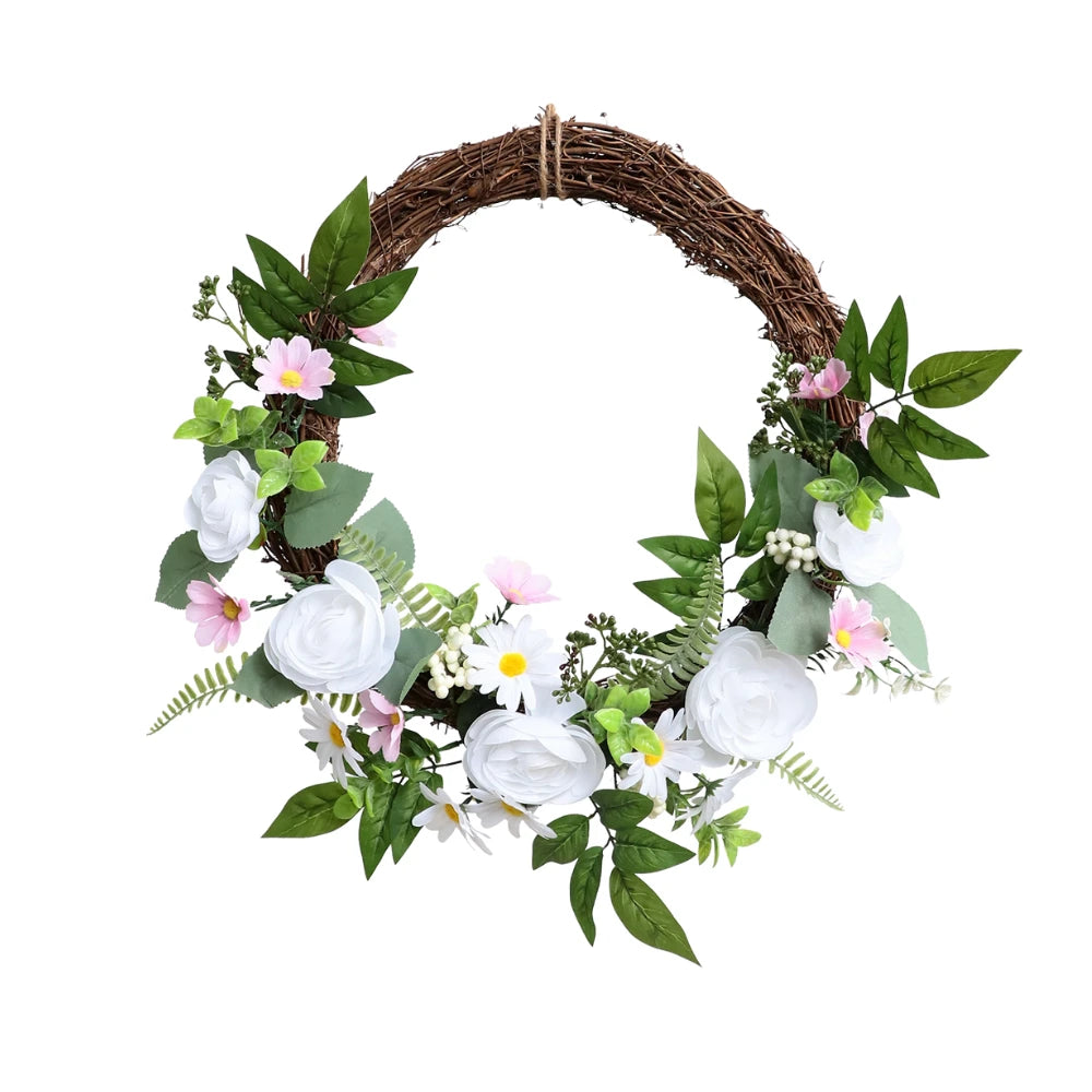 17in(1.4ft) Artificial White Rose Spring Wreath with Twig Base