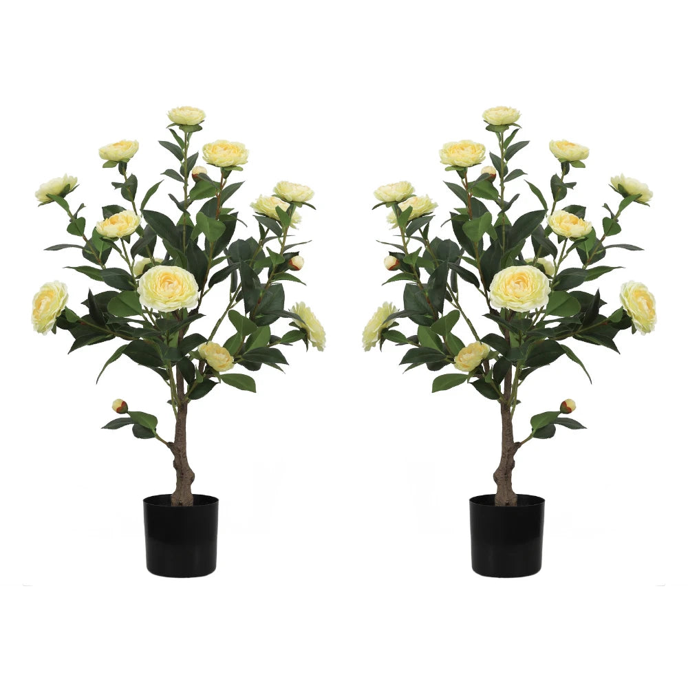 2 Pieces 31.5in(2.6ft) Artificial Topiary Yellow Camellia Tree