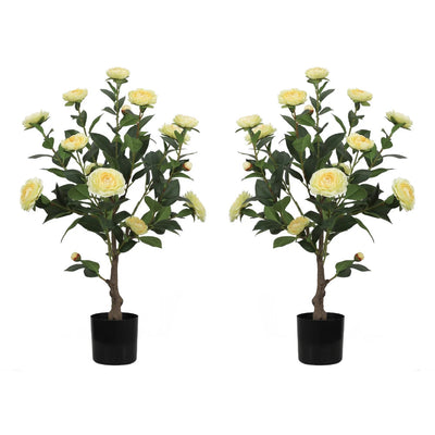 2 Pieces 31.5in(2.6ft) Artificial Topiary Yellow Camellia Tree momoplant
