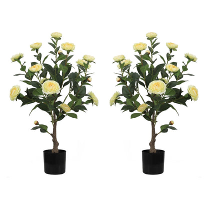 2 Pieces 31.5in(2.6ft) Artificial Topiary Yellow Camellia Tree