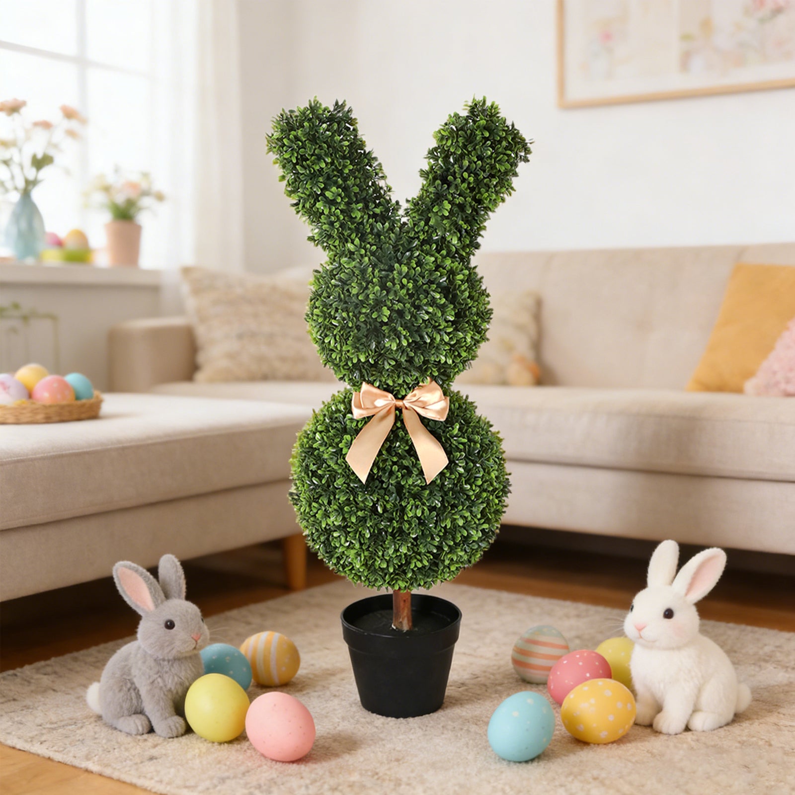 2 Pieces 36in(3ft) Artificial Trimmed Easter Bunny Topiary