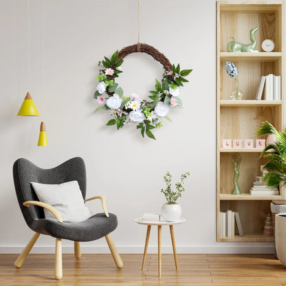 17in(1.4ft) Artificial White Rose Spring Wreath with Twig Base
