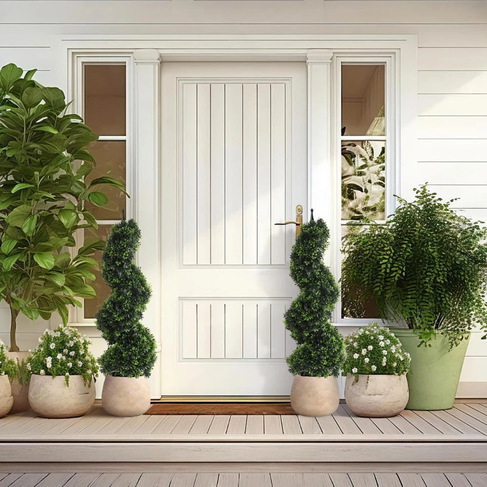 2 Pieces 35In(3ft) Dark Green Artificial Boxwood Topiary Spiral Tree momoplant