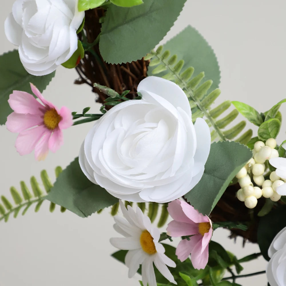 17in(1.4ft) Artificial White Rose Spring Wreath with Twig Base