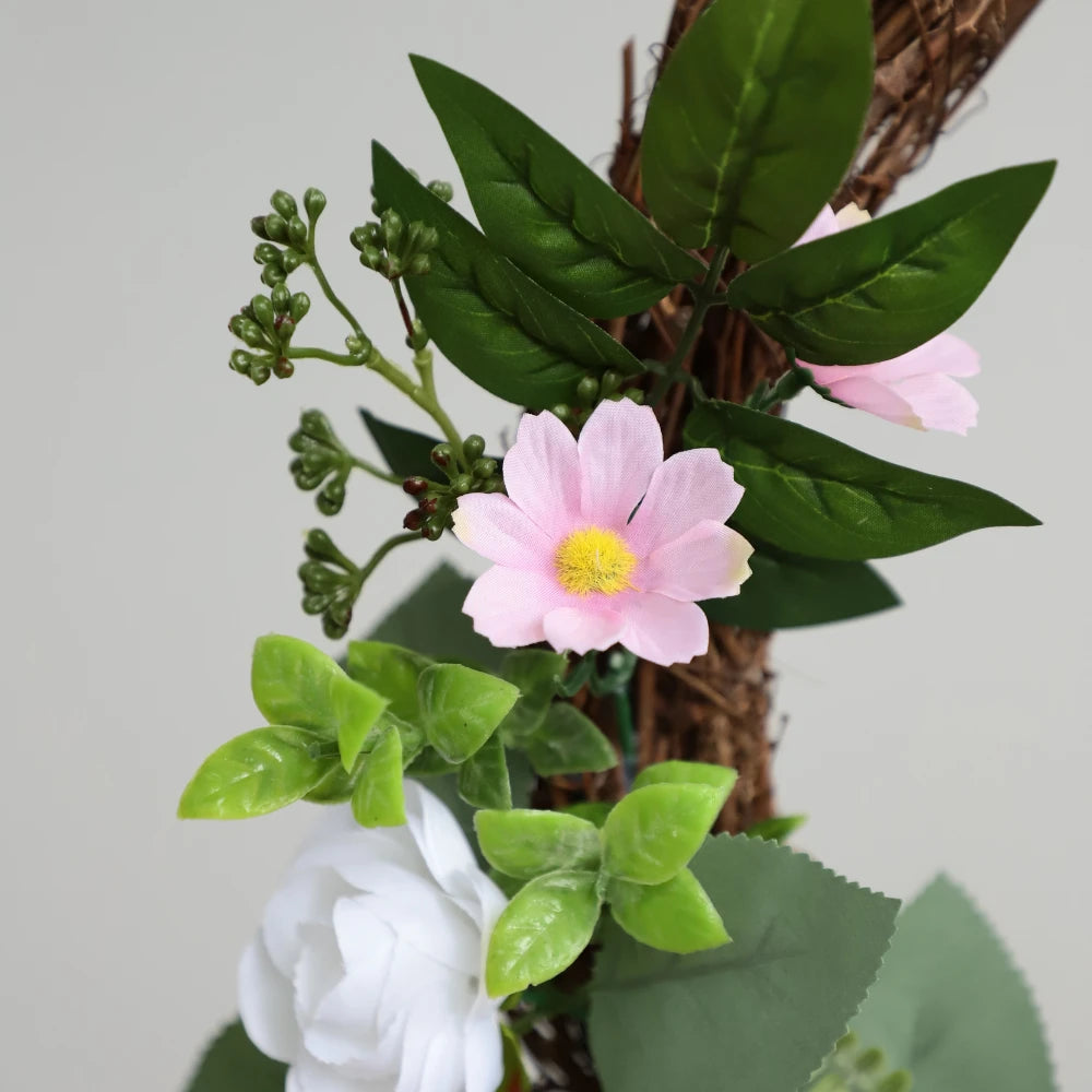 17in(1.4ft) Artificial White Rose Spring Wreath with Twig Base