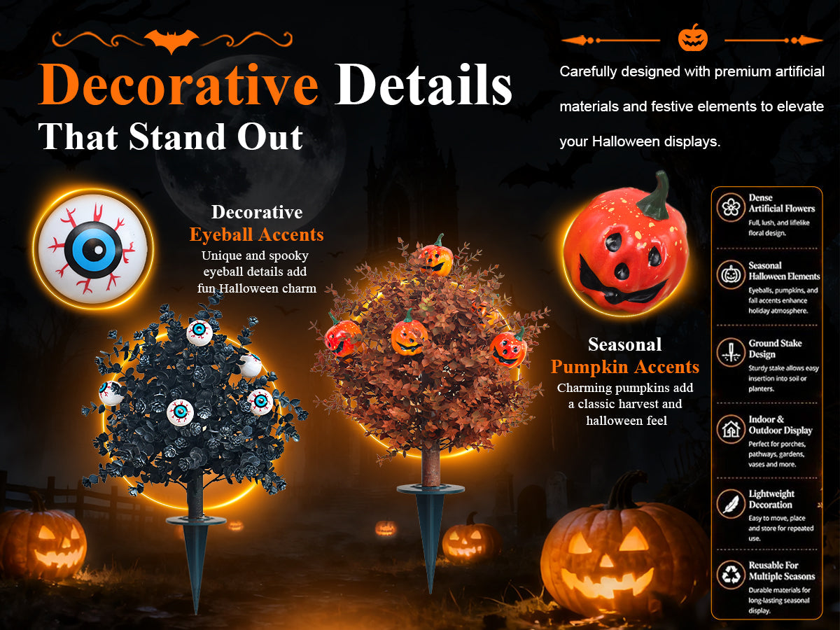 Set of two Halloween yard stakes with pumpkin and eyeball flower heads